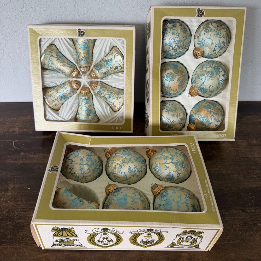 Vintage Krebs Glass Christmas Ornaments Blue Glitter Bells Ball Lot 18